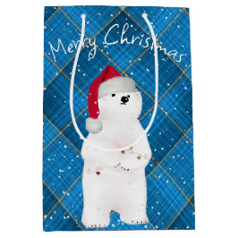 Weihnachtspolarbär auf blauem Kariert Mittlere Geschenktüte