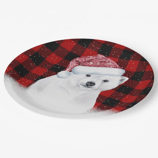 Weihnachtspolarbär auf Buffalo Kariert Pappteller (Schrägansicht)