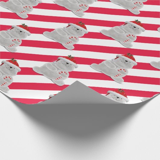 Weihnachtspolarbär auf Streifen Geschenkpapier (Ecke)