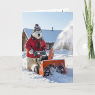 Weihnachtspolarbär, der einen Schneefräser schiebt Karte