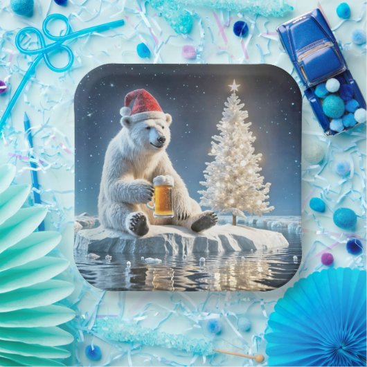 Weihnachtspolarbär mit Bier Pappteller (Party)