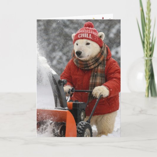 Weihnachtspolarbär schiebt einen Schneefräser Karte (Vorderseite)