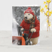 Weihnachtspolarbär schiebt einen Schneefräser Karte (Gelbe Blume)