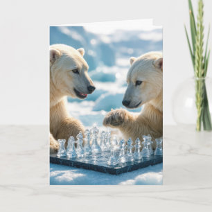 Weihnachtspolarebären spielen Schach auf einem Gle Karte