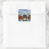 Weihnachtspolarebären um ein Lagerfeuer Quadratischer Aufkleber (Tasche)