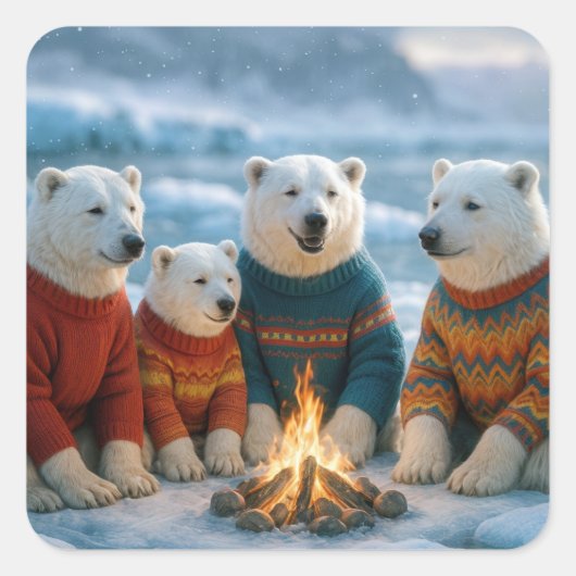 Weihnachtspolarebären um ein Lagerfeuer Quadratischer Aufkleber (Vorderseite)