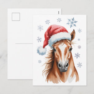Weihnachtspony mit Weihnachtsmannmütze Feiertagspostkarte