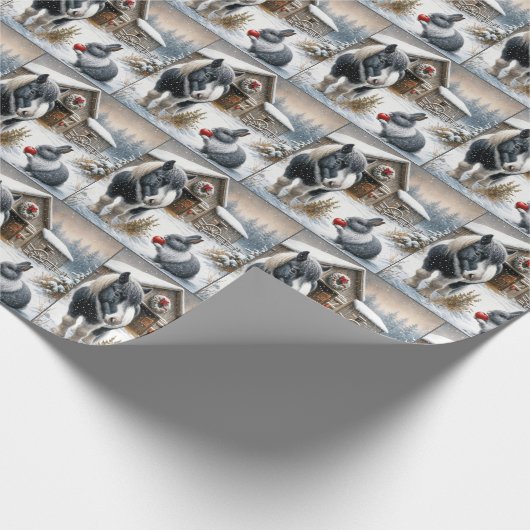 Weihnachtspony und Kaninchen mit einem Apfel Geschenkpapier (Ecke)