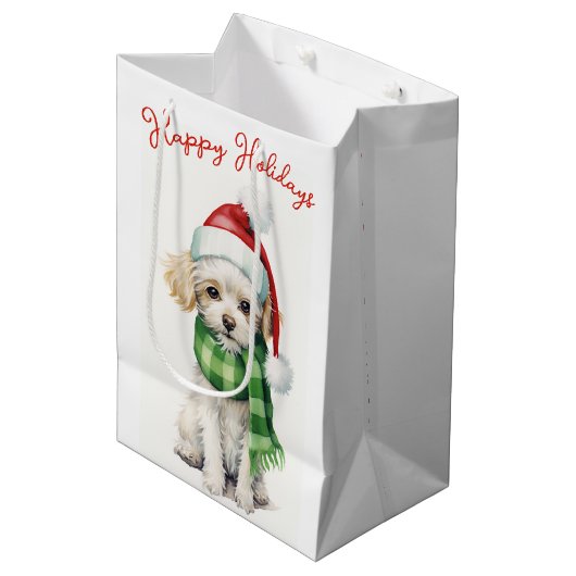 Weihnachtspoodle Hund mit Hut Mittlere Geschenktüte (Vorderseite Schrägansicht)