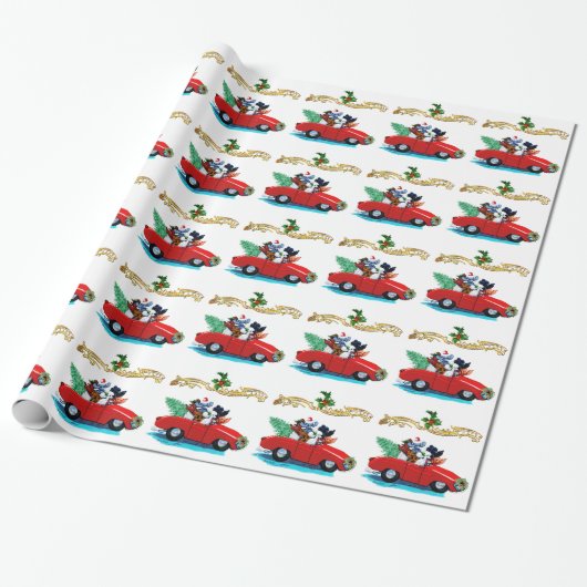 Weihnachtspoodles Vintage Car Geschenkpapier (Ungerollt)