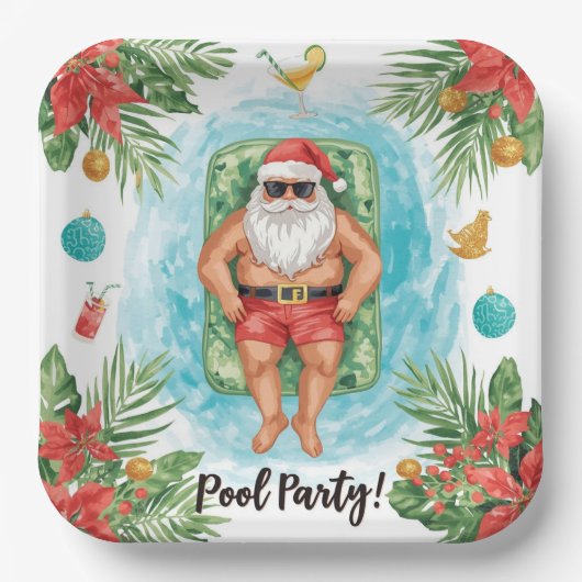 Weihnachtspoolparty mit dem Weihnachtsmann Pappteller (Vorderseite)
