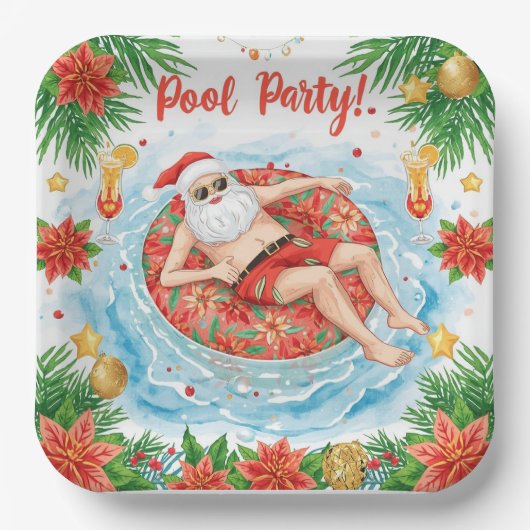 Weihnachtspoolparty mit dem Weihnachtsmann  Pappteller (Vorderseite)