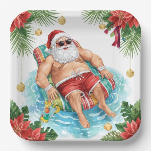 Weihnachtspoolparty mit dem Weihnachtsmann Pappteller (Vorderseite)