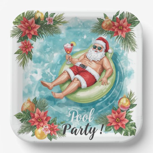 Weihnachtspoolparty mit dem Weihnachtsmann  Pappteller (Vorderseite)