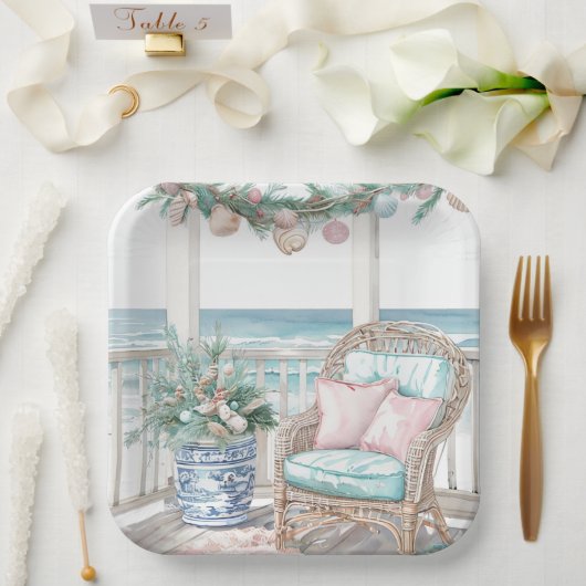 Weihnachtsportszene an der Küste Papierplatte Pappteller (Hochzeit)