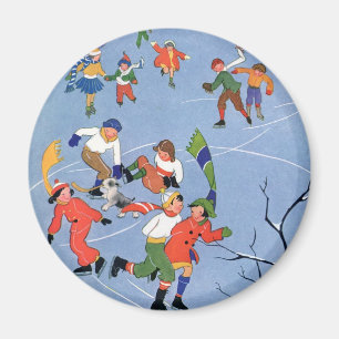 Weihnachtspostkarte, Kinder beim Eislaufen auf ein Magnet