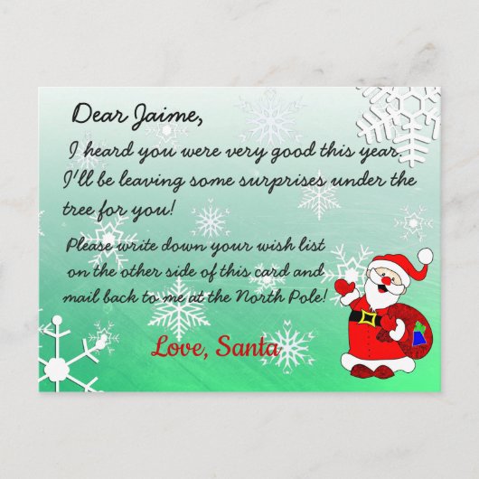 Weihnachtspostkarte vom Weihnachtsmann zum Kind Feiertagspostkarte (Vorderseite)
