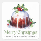 Weihnachtspudding Heilige Beeren Aquarell Quadratischer Aufkleber (Vorderseite)