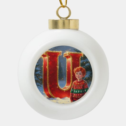Weihnachtspullover mit personalisiertem Anfangsbuc Keramik Kugel-Ornament (Vorderseite)