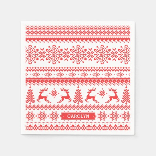 Weihnachtspullover rot Fair-Isle-Muster Monogramm Serviette (Vorderseite)