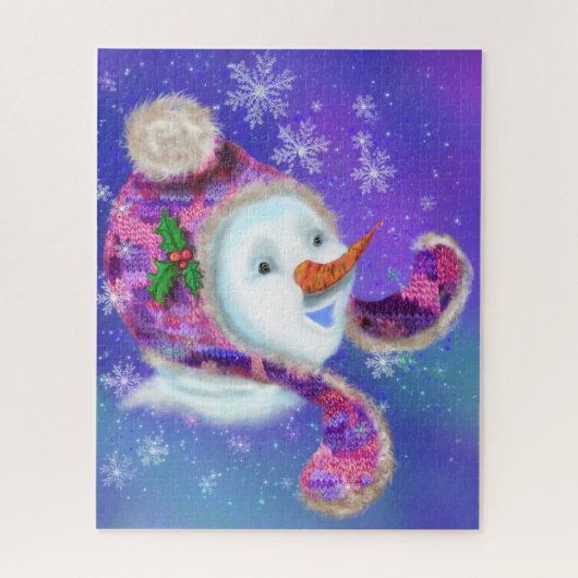 Weihnachtspuzzle Snowman in Lila rosa Beanie Hat Puzzle (Vertikal)