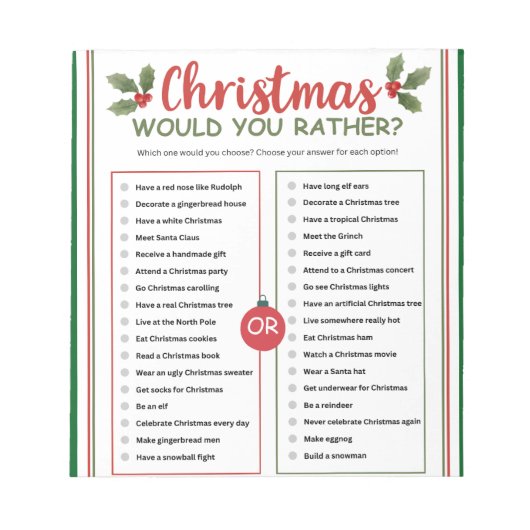 Weihnachtsquiz 'Würdest du eher...' Notizblock (Vorderseite)