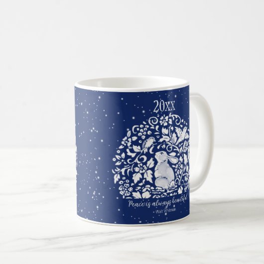 Weihnachtsrabbiner Blaues Weiße Vogelschnee Custom Kaffeetasse (VorderseiteRechts)