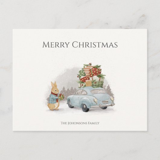 Weihnachtsrabbit Peter und Auto Postkarte (Vorderseite)