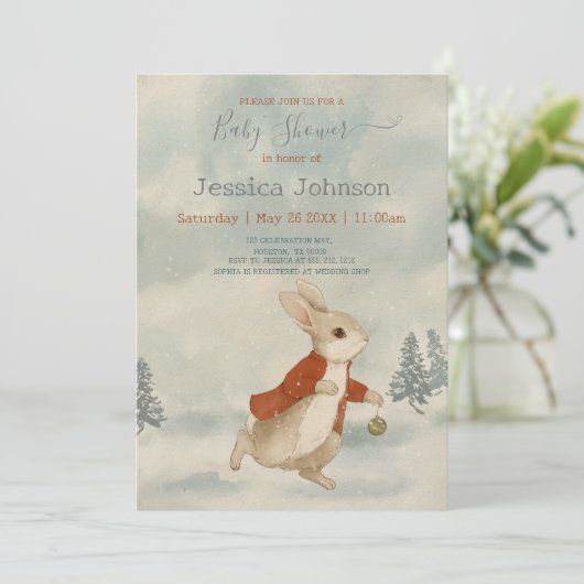 Weihnachtsrabbit Peter Vintag Baby Dusche Einladung (Stehend Vorderseite)