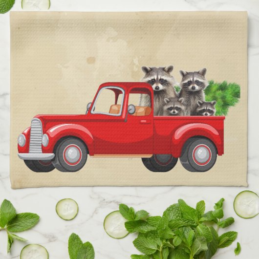 Weihnachtsraccos in einem roten LKW Geschirrtuch (Gefaltet)