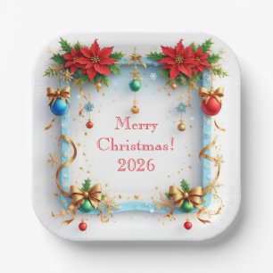 Weihnachtsrahmen geschmückt mit Poinsettien Pappteller