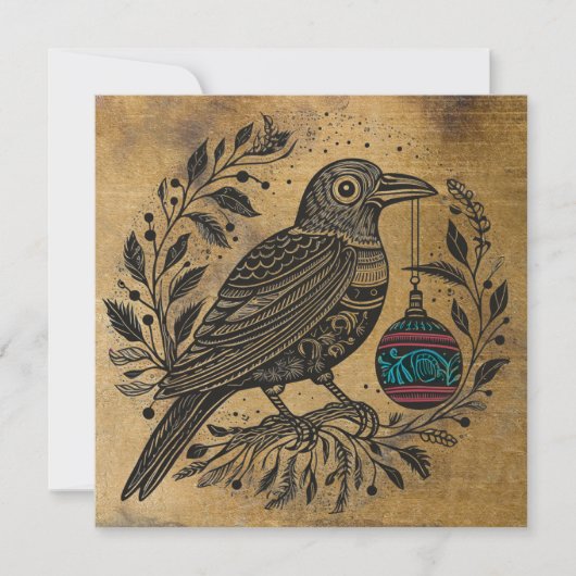 Weihnachtsraven im Holzschnitt mit Farbschmuck Feiertagskarte (Vorderseite)
