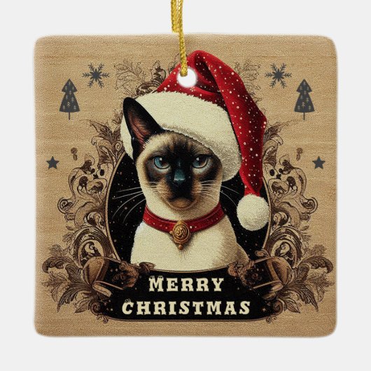 Weihnachtsregal Siamese Cat, Xmas Santa Kitten Keramikornament (Vorderseite)