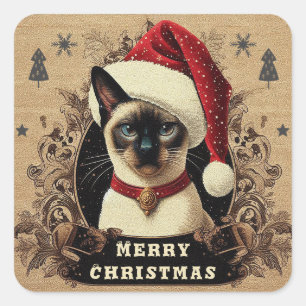 Weihnachtsregal Siamese Cat, Xmas Santa Kitten Quadratischer Aufkleber