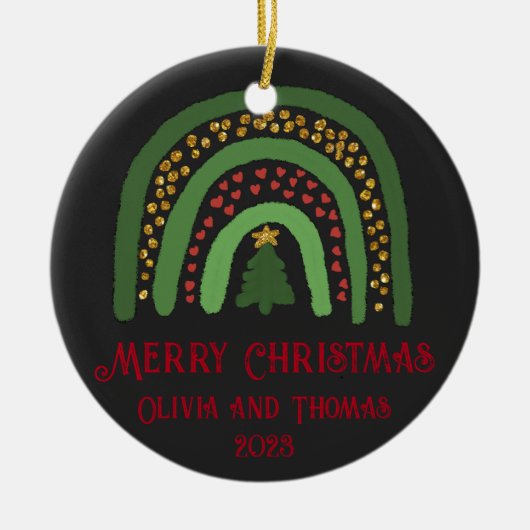 Weihnachtsregenbogen Glitzer Rot Gold Grün Keramik Ornament (Vorne)