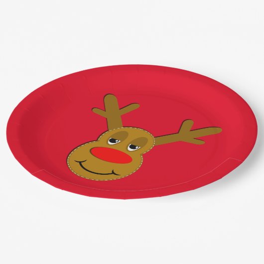 Weihnachtsren-Gesichts-Rot Pappteller (Schrägansicht)