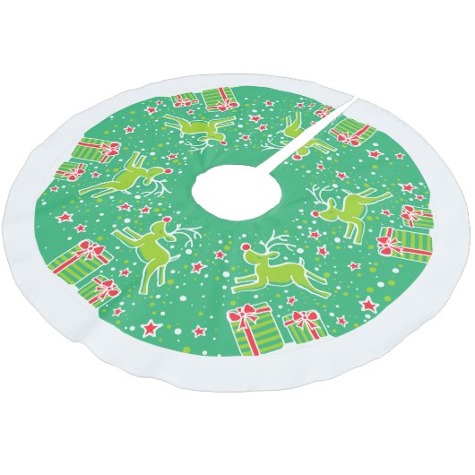 Weihnachtsrentiere, die über den Gaben-Baum-Rock r Polyester Weihnachtsbaumdecke (Schrägansicht)