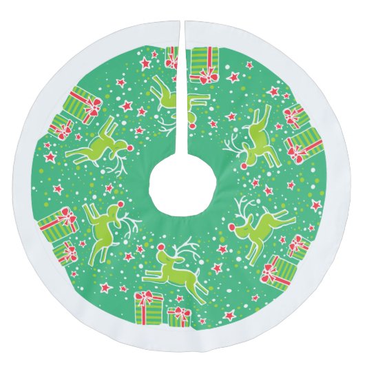 Weihnachtsrentiere, die über den Gaben-Baum-Rock r Polyester Weihnachtsbaumdecke (Vorderseite)