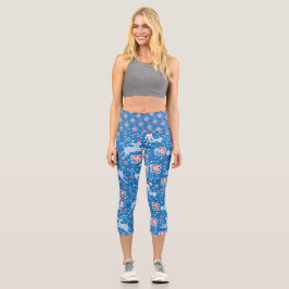 Weihnachtsrentiere und Vogelmuster blau, weiß Capri Leggings