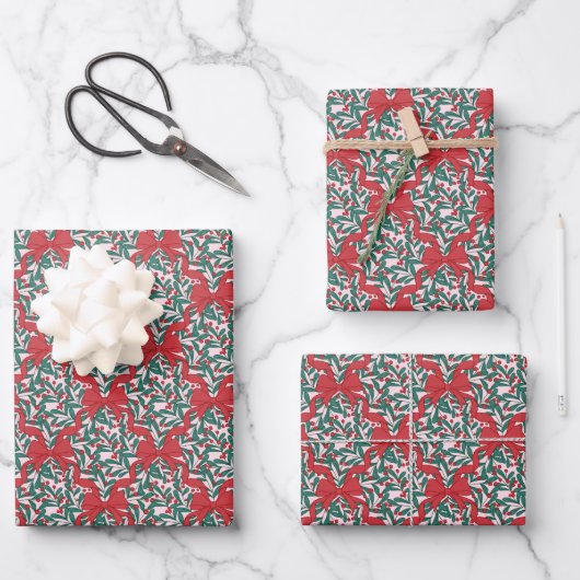 Weihnachtsribons und Berries auf Rosa Geschenkpapier Set (Vorderseite)