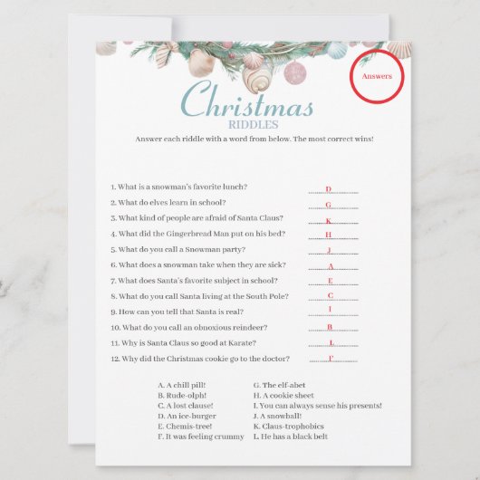 Weihnachtsriddles-Spiel Answer Card Feiertagskarte (Vorderseite)