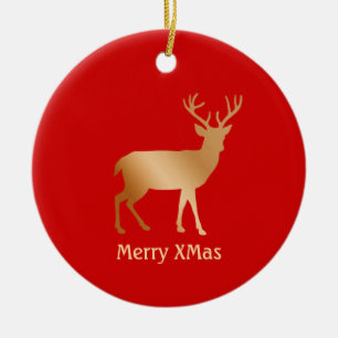 Weihnachtsrinder auf Rot Keramik Ornament