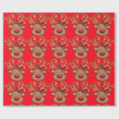 Weihnachtsrinder Gesicht Urlaubsmuster Rotes Gold Geschenkpapier (Flach)