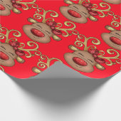 Weihnachtsrinder Gesicht Urlaubsmuster Rotes Gold Geschenkpapier (Ecke)