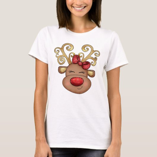 Weihnachtsrinder mit rotem Glitzer T-Shirt (Vorderseite)