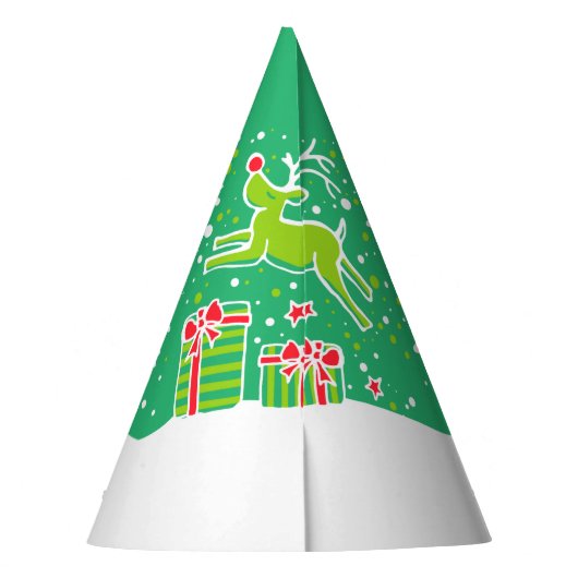 Weihnachtsrinder über Geschenke grün personalisier Partyhütchen (Rückseite)