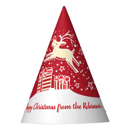 Weihnachtsrinder über Geschenke Roter Name Hut Partyhütchen (Vorderseite)