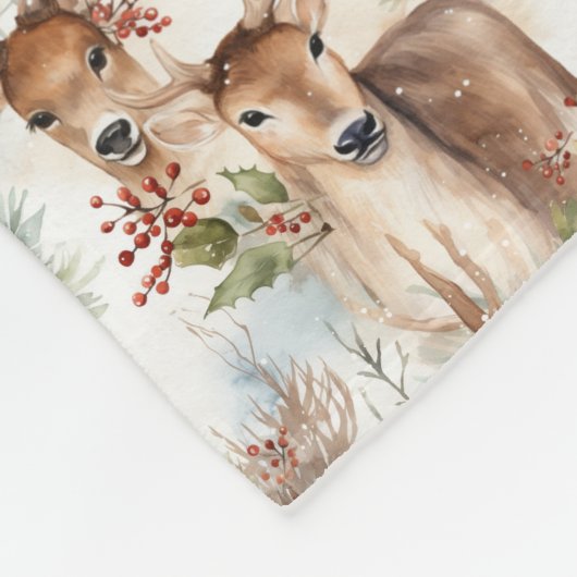 Weihnachtsrinder und Grünpflanzen in Aquarellen Fleecedecke (Ecke)