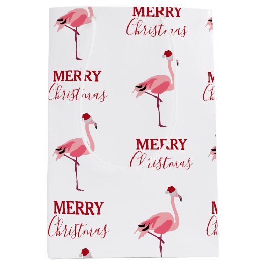 Weihnachtsrosa Flamingo Bird mit Weihnachtsmannmüt Mittlere Geschenktüte (Vorderseite)