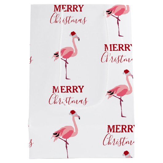 Weihnachtsrosa Flamingo Bird mit Weihnachtsmannmüt Mittlere Geschenktüte (Rückseite)